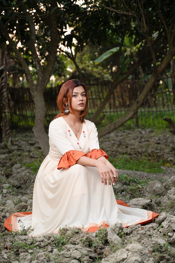 Beige Rayon Thread Work Midi Dress