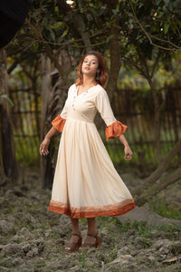 Beige Rayon Thread Work Midi Dress