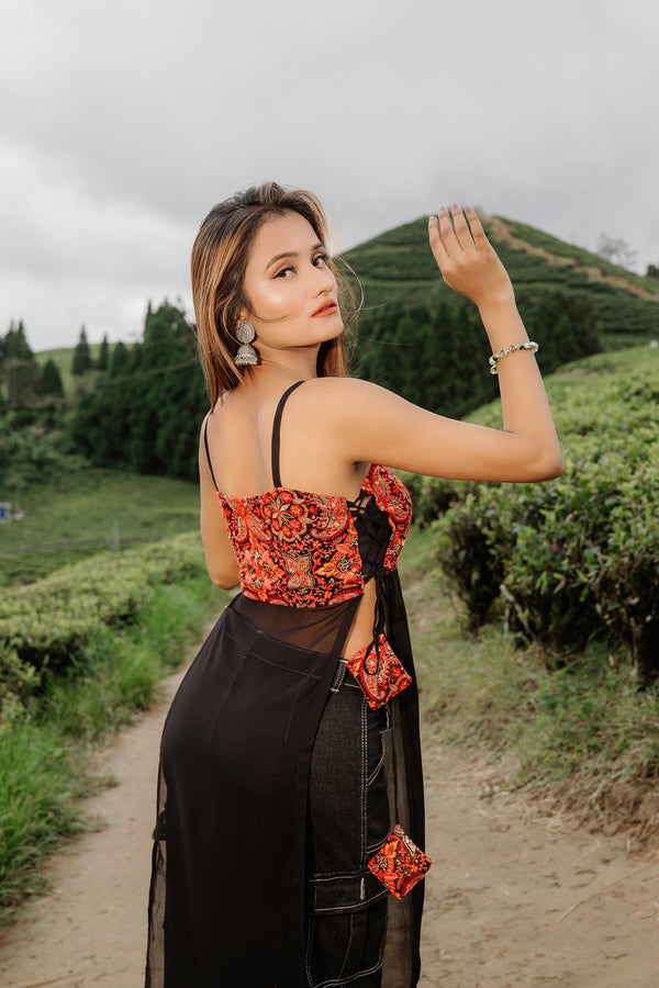 Black Georgette Thread Work Long Kurti