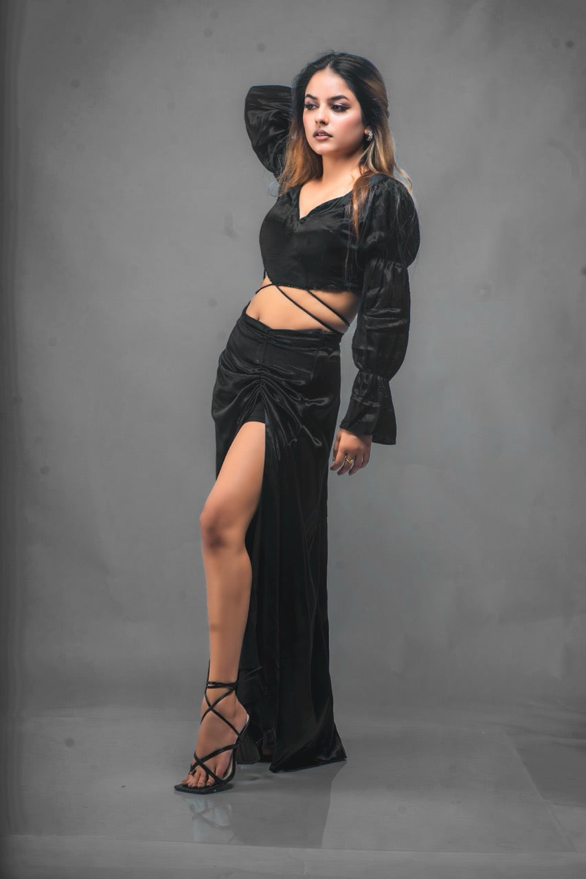 Black Hue Embellished Crop Top - Slit Skirt Set