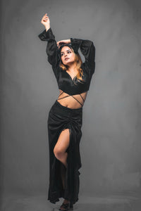 Black Hue Embellished Crop Top - Slit Skirt Set