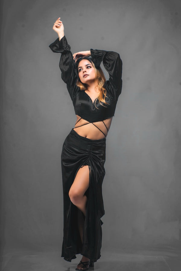 Black Hue Embellished Crop Top - Slit Skirt Set