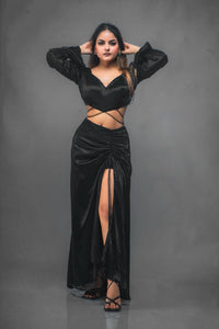 Black Hue Embellished Crop Top - Slit Skirt Set