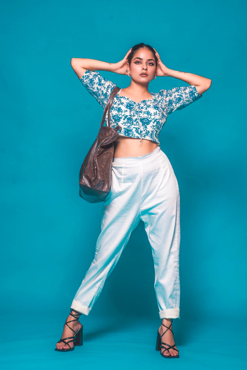 Blue Printed Puff Sleeve Crop Top & Trouser Set