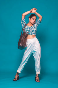 Blue Printed Puff Sleeve Crop Top & Trouser Set