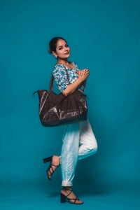 Blue Printed Puff Sleeve Crop Top & Trouser Set