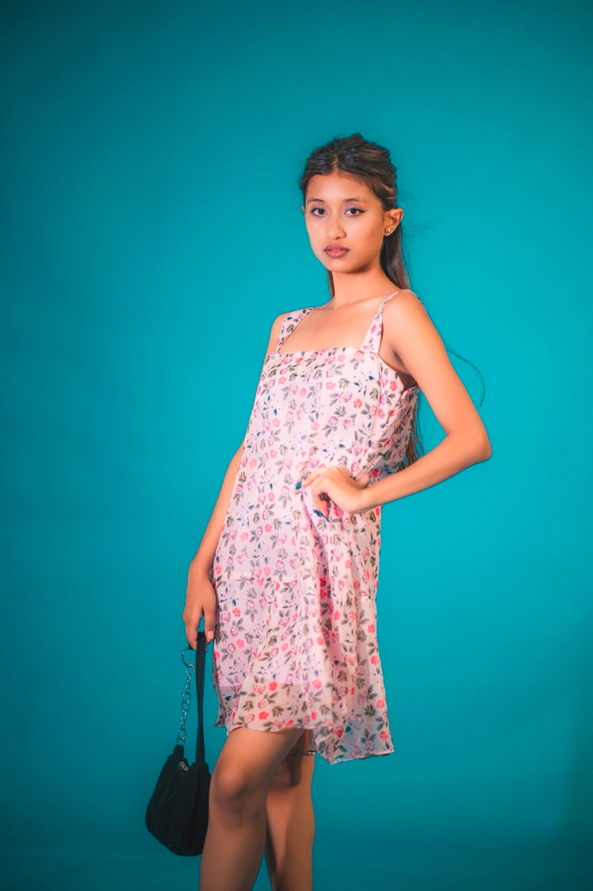 Blush Pink Floral Organza A-Line Dress