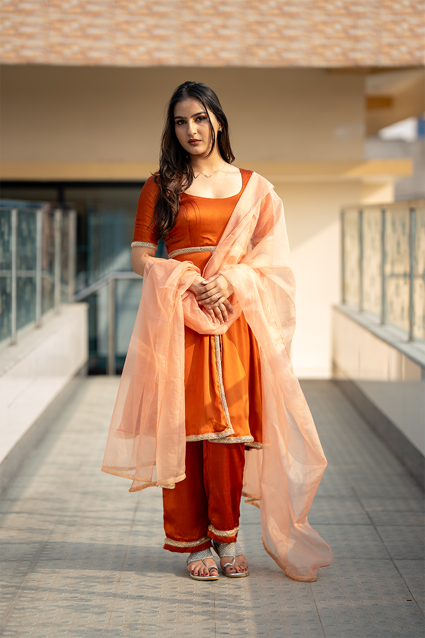 Brown Satin Silk Short Anarkali Set