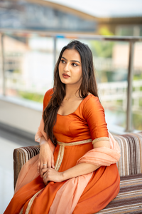 Brown Satin Silk Short Anarkali Set