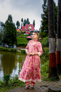 Dark Pink Cotton Embroidered Anarkali Set
