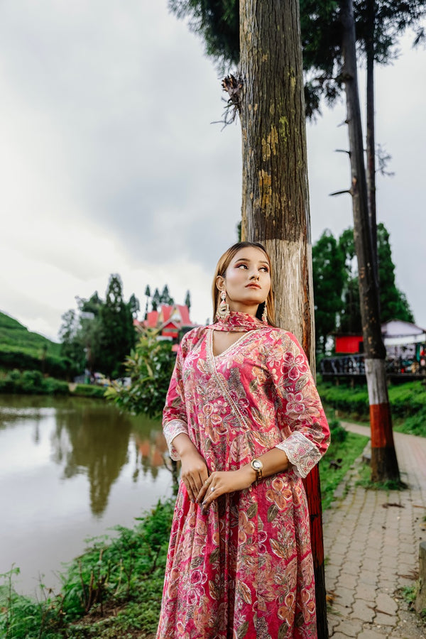 Dark Pink Cotton Embroidered Anarkali Set