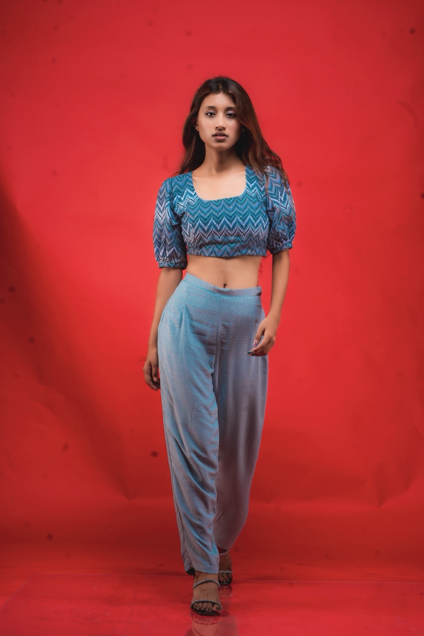 Dawn Blue Sequin Crop Top & Trouser Set