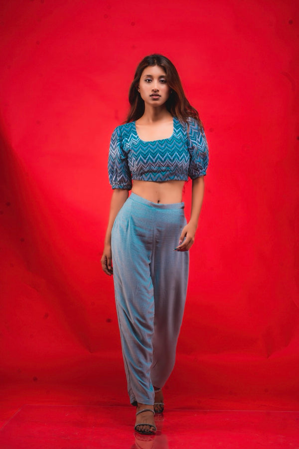 Dawn Blue Sequin Crop Top & Trouser Set