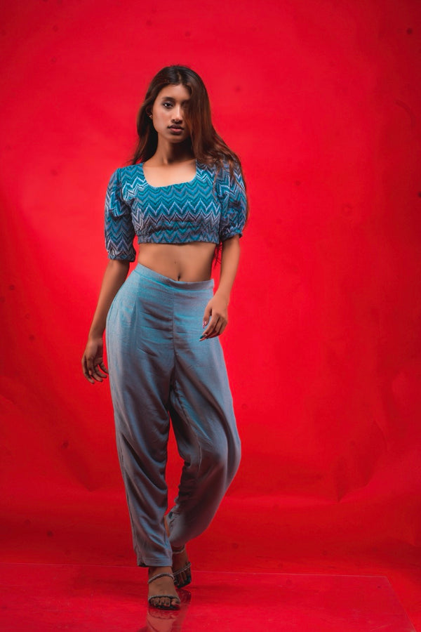Dawn Blue Sequin Crop Top & Trouser Set