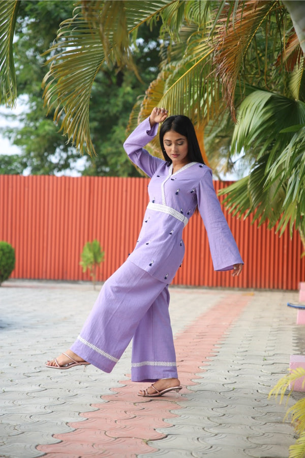Lilac Khadi Full Sleeve Thread Work Co-ord Set