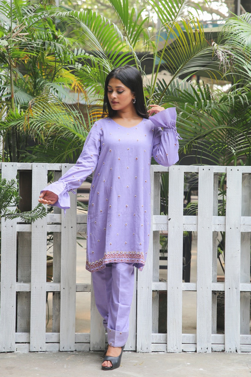Lilac Khadi Thread Work Draped Dress