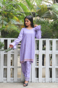 Lilac Khadi Thread Work Draped Dress