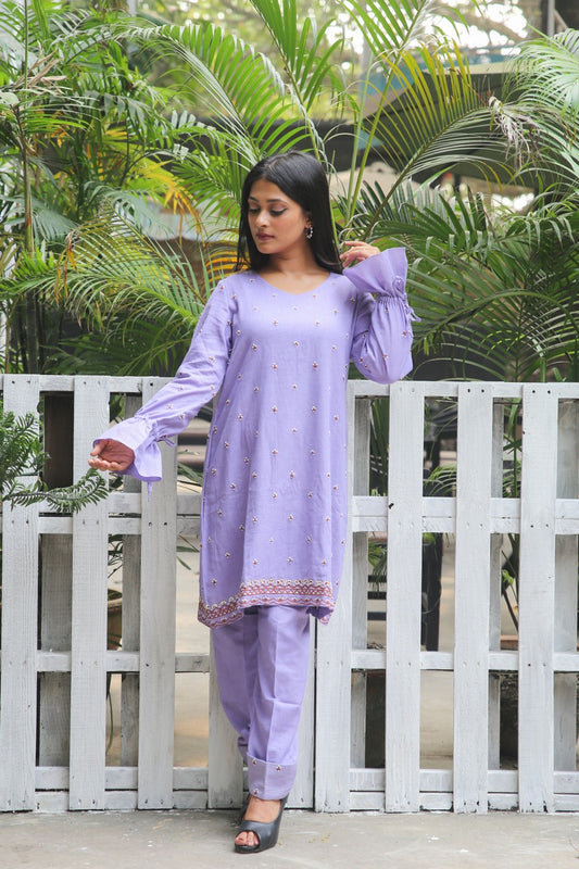Lilac Khadi Thread Work Draped Dress