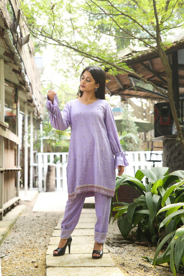 Lilac Khadi Thread Work Draped Dress