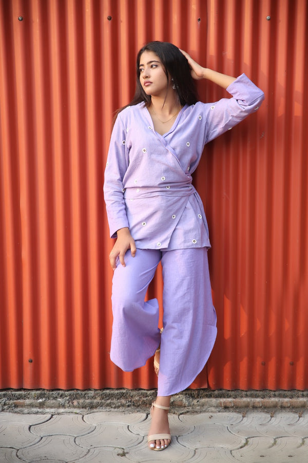 Lilac Khadi Thread Work Kimono Set