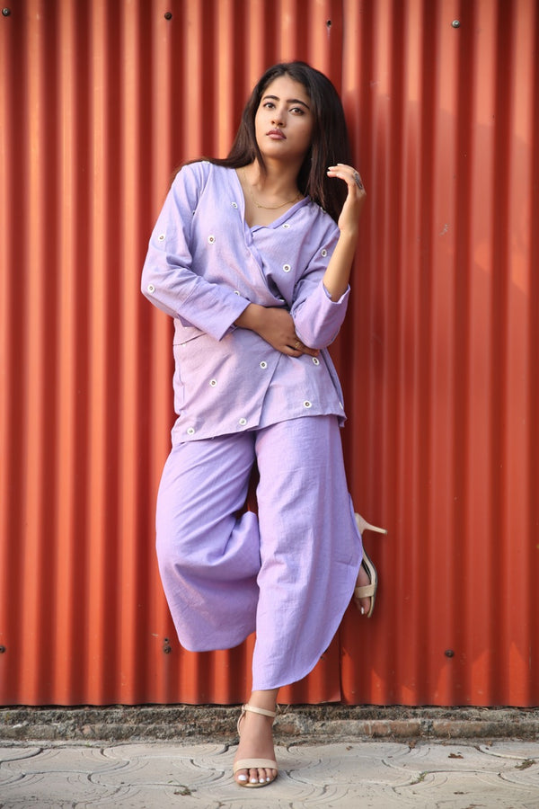 Lilac Khadi Thread Work Kimono Set