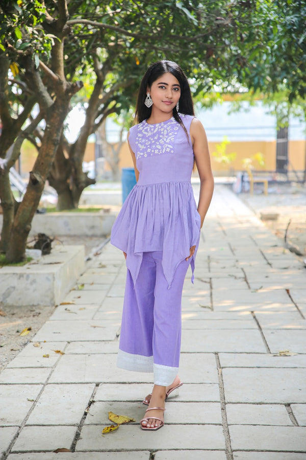 Lilac Khadi Thread Work Peplum Co-ord Set