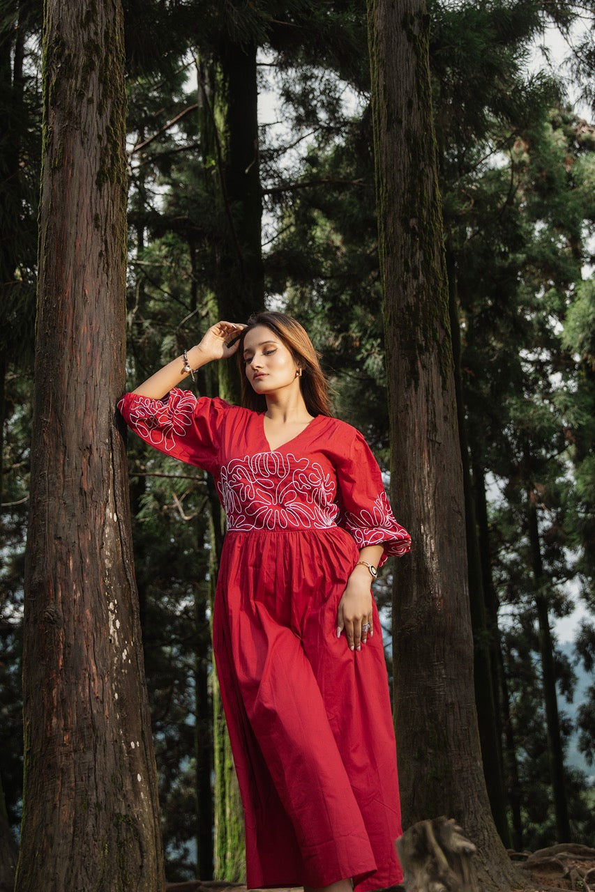 Maroon Cotton Cording Midi Dress