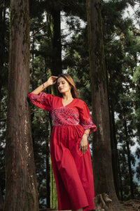 Maroon Cotton Cording Midi Dress