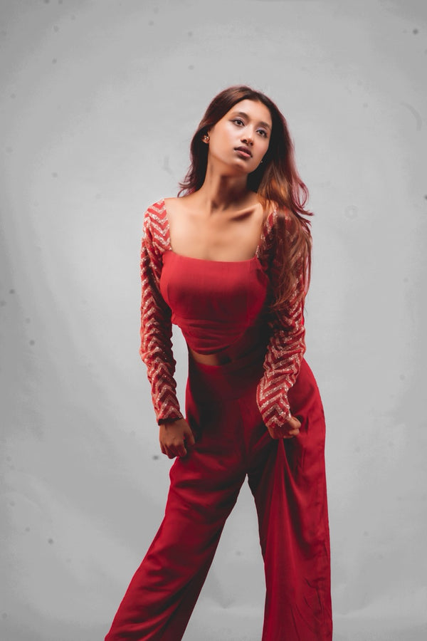 Maroon Sequin Crop Top & Trouser Set
