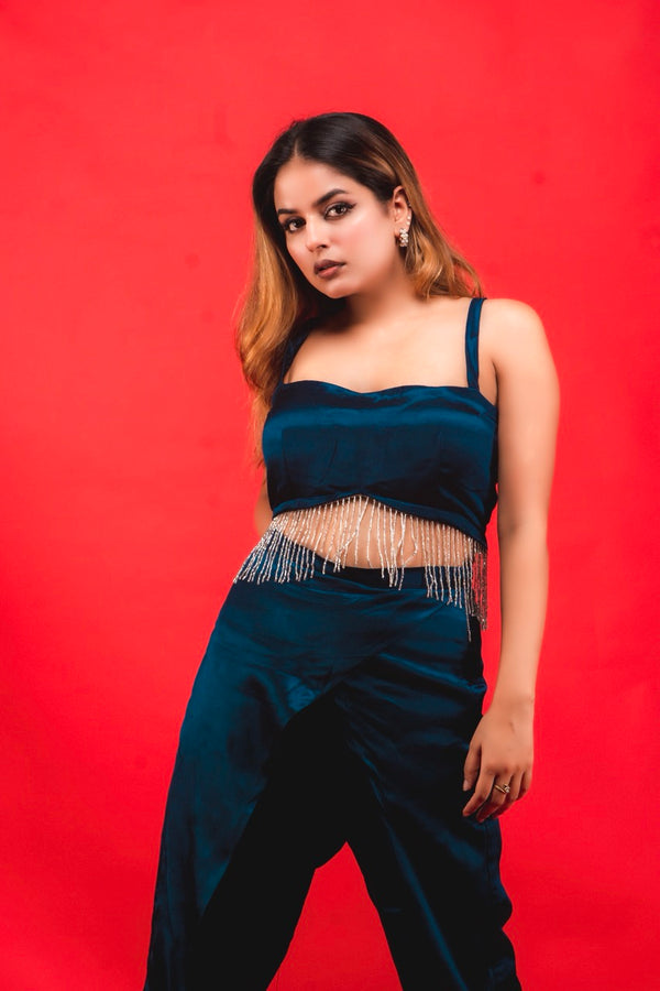 Blue Embellished Strap Crop Top & Trouser Set | Vihara Fashions