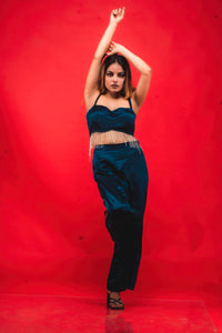 Blue Embellished Strap Crop Top & Trouser Set | Vihara Fashions