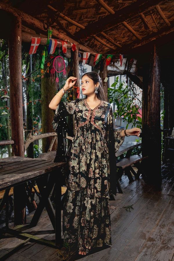 Black Chinnon Embroidered Peplum Gharara Set