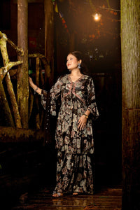 Black Chinnon Embroidered Peplum Gharara Set
