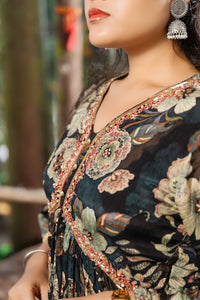 Black Chinnon Embroidered Peplum Gharara Set