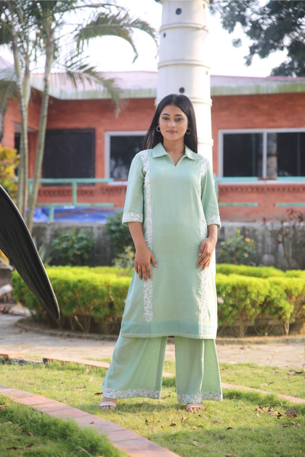 Mint Green Khadi Collared Kurta Set