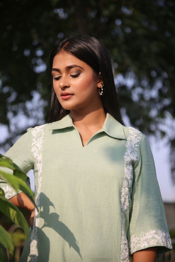 Mint Green Khadi Collared Kurta Set