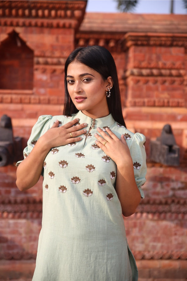 Mint Green Khadi Collared Puff Sleeve Kurta Set