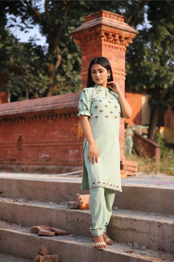Mint Green Khadi Collared Puff Sleeve Kurta Set