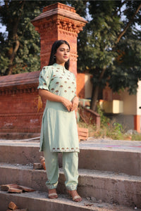 Mint Green Khadi Collared Puff Sleeve Kurta Set