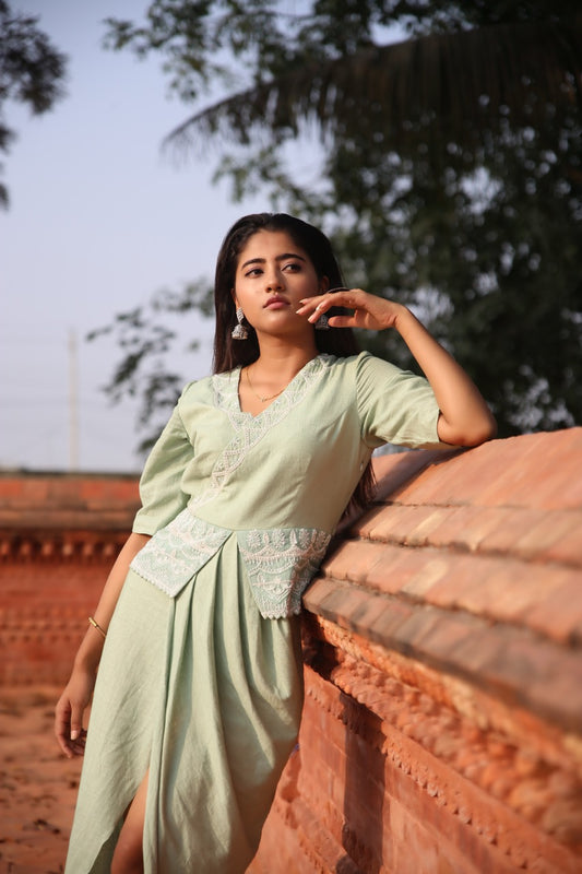 Mint Green Khadi Thread Work Draped Dress