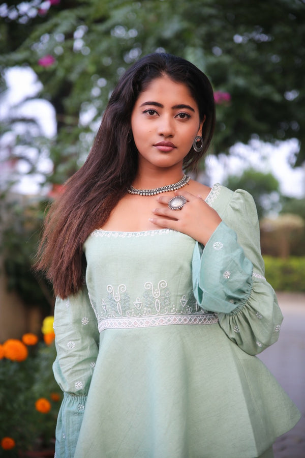 Mint Green Khadi Thread Work Peplum Set