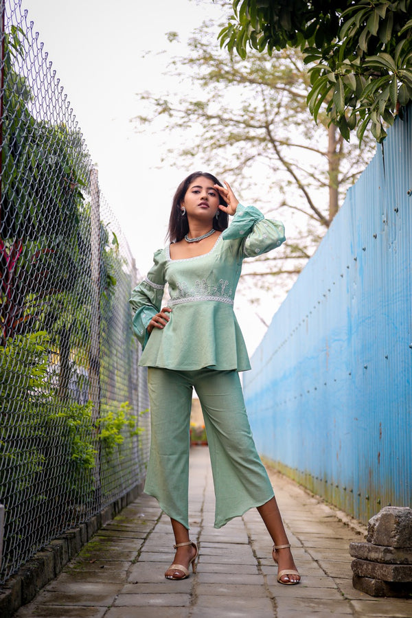 Mint Green Khadi Thread Work Peplum Set