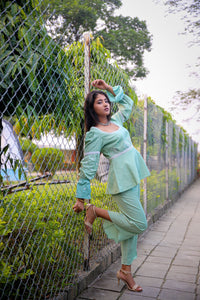 Mint Green Khadi Thread Work Peplum Set