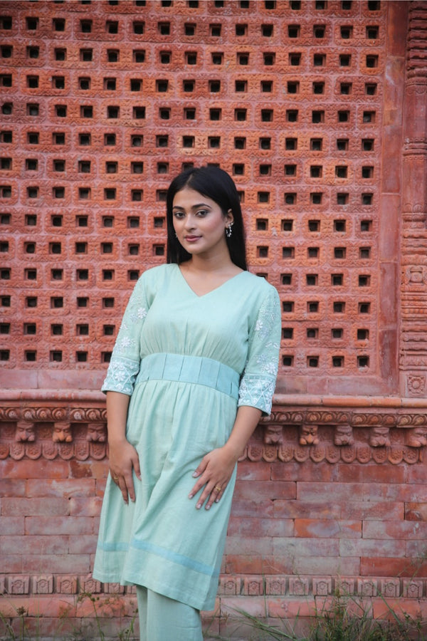 Mint Green Khadi V-Neck Kurta Set