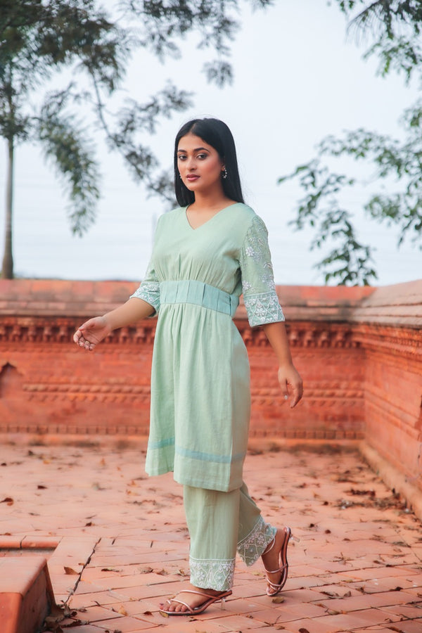 Mint Green Khadi V-Neck Kurta Set