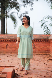 Mint Green Khadi V-Neck Kurta Set