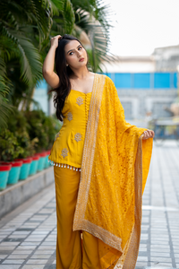 Mustard Chiffon Embroidered Peplum Set
