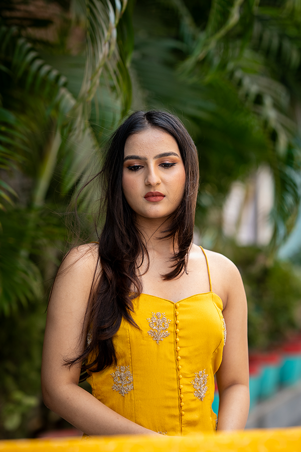 Mustard Chiffon Embroidered Peplum Set