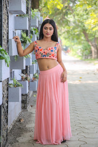Peach Floral Thread Work Lehenga Set