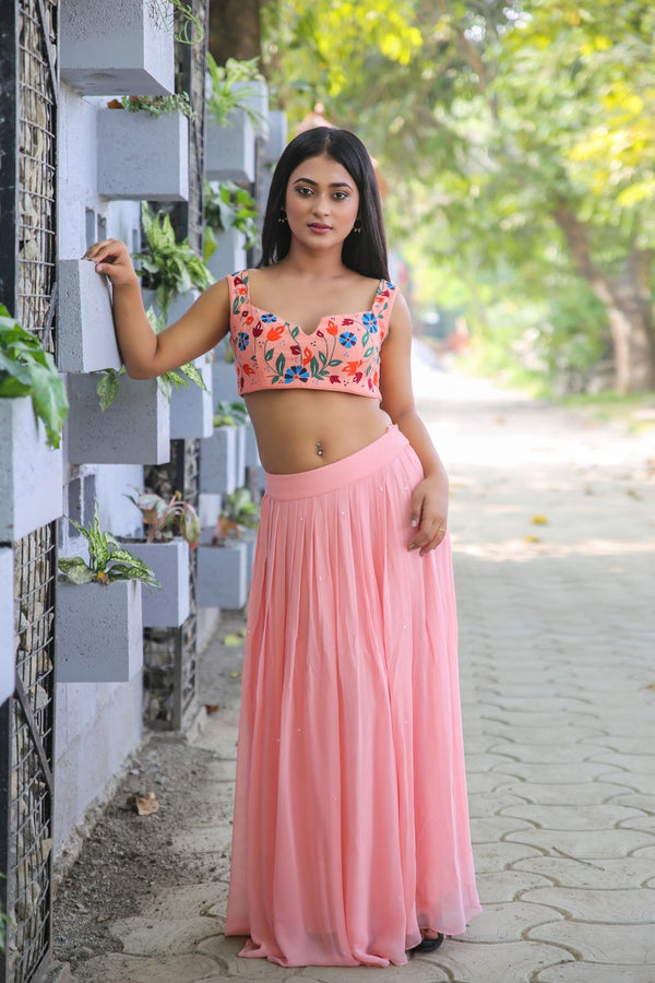 Peach Floral Thread Work Lehenga Set